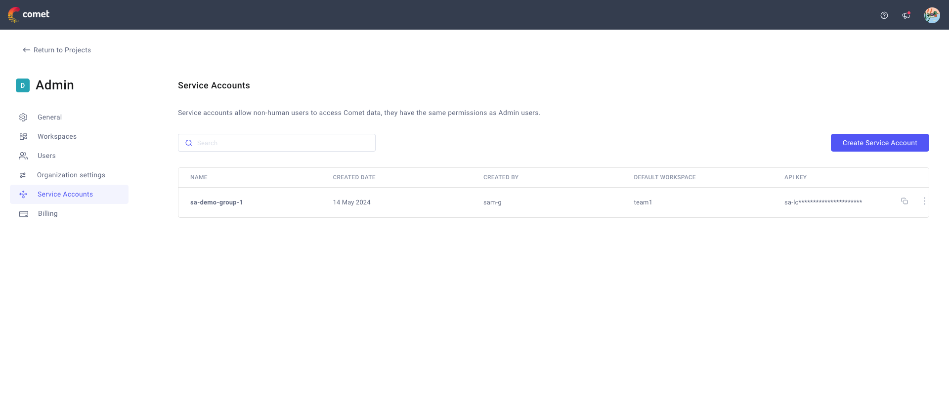 Comet Admin Dashboard - Service Accounts tab